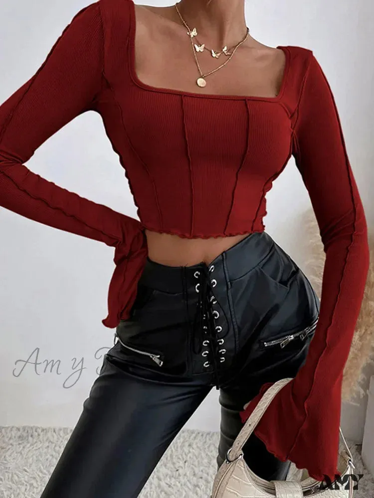 AMY - Long Sleeve Black Backless Sexy Y2K Knitted Crop Top