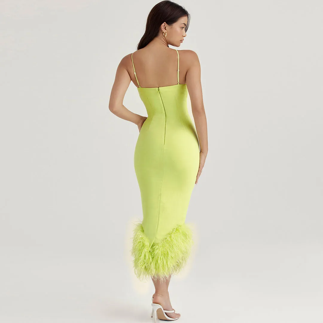 Asymmetric Feather Trim Sleeveless Bodycon Cocktail Midi Dress - Lime Green