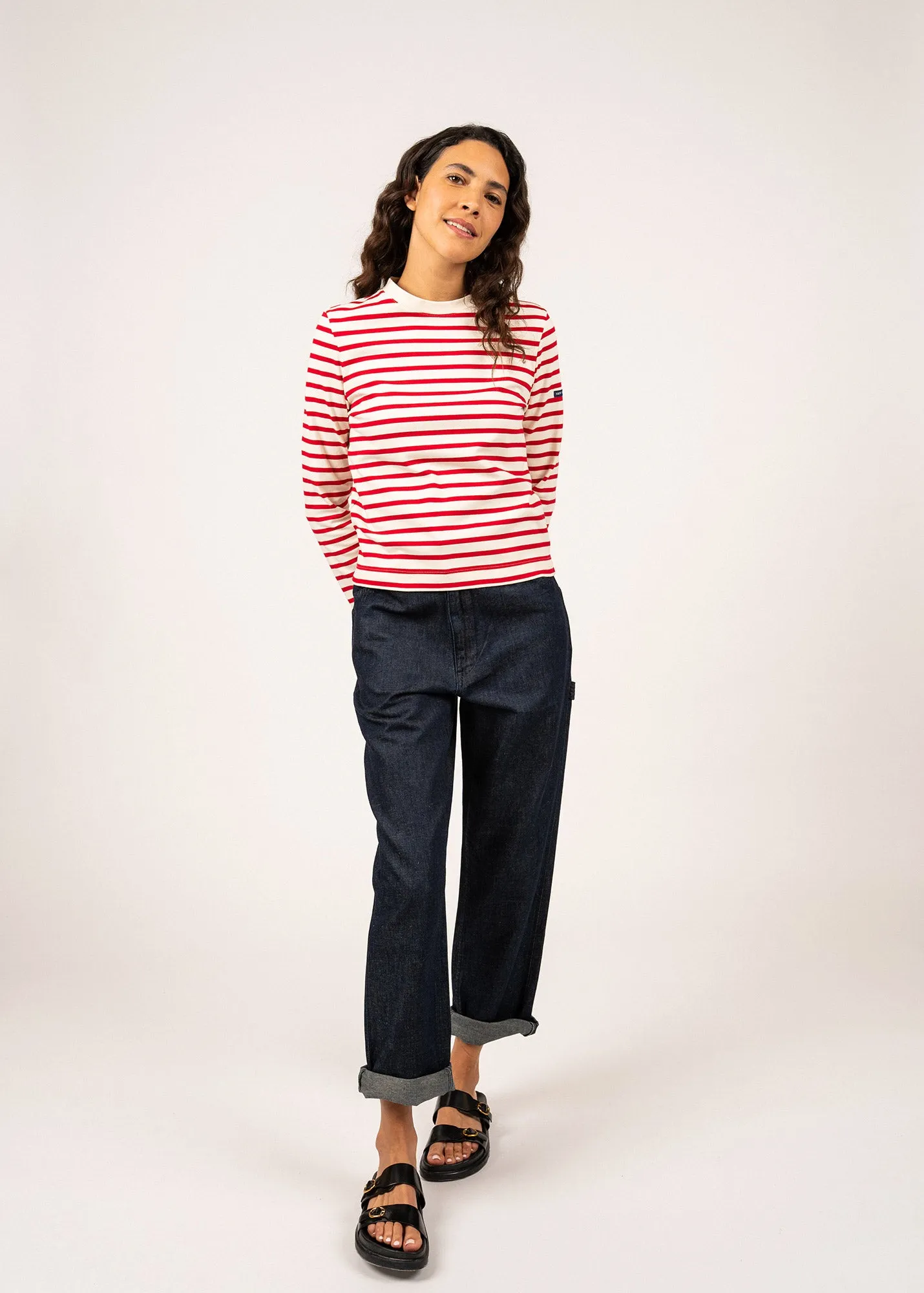 Barfleur short sailor striped shirt - high neck, in cotton (ECRU/TULIPE)