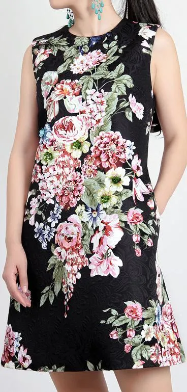 Black Jacquard Floral Print Shift Dress