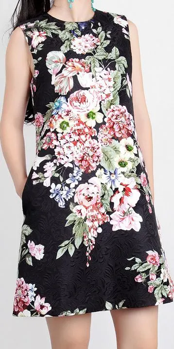 Black Jacquard Floral Print Shift Dress