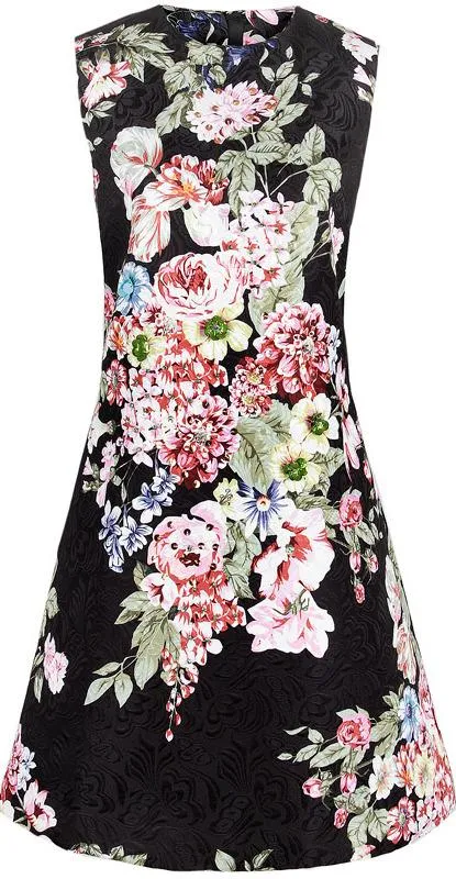 Black Jacquard Floral Print Shift Dress