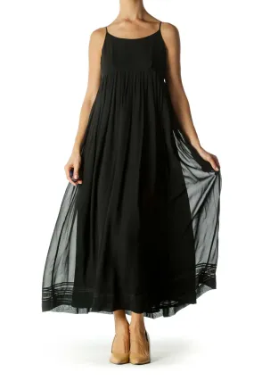 Black Silk Blend Pleated Lower Lace Trim Detail Dress