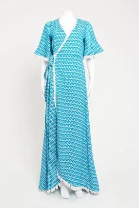 Blue and White Cotton Tassle Preowned Wrap Dress