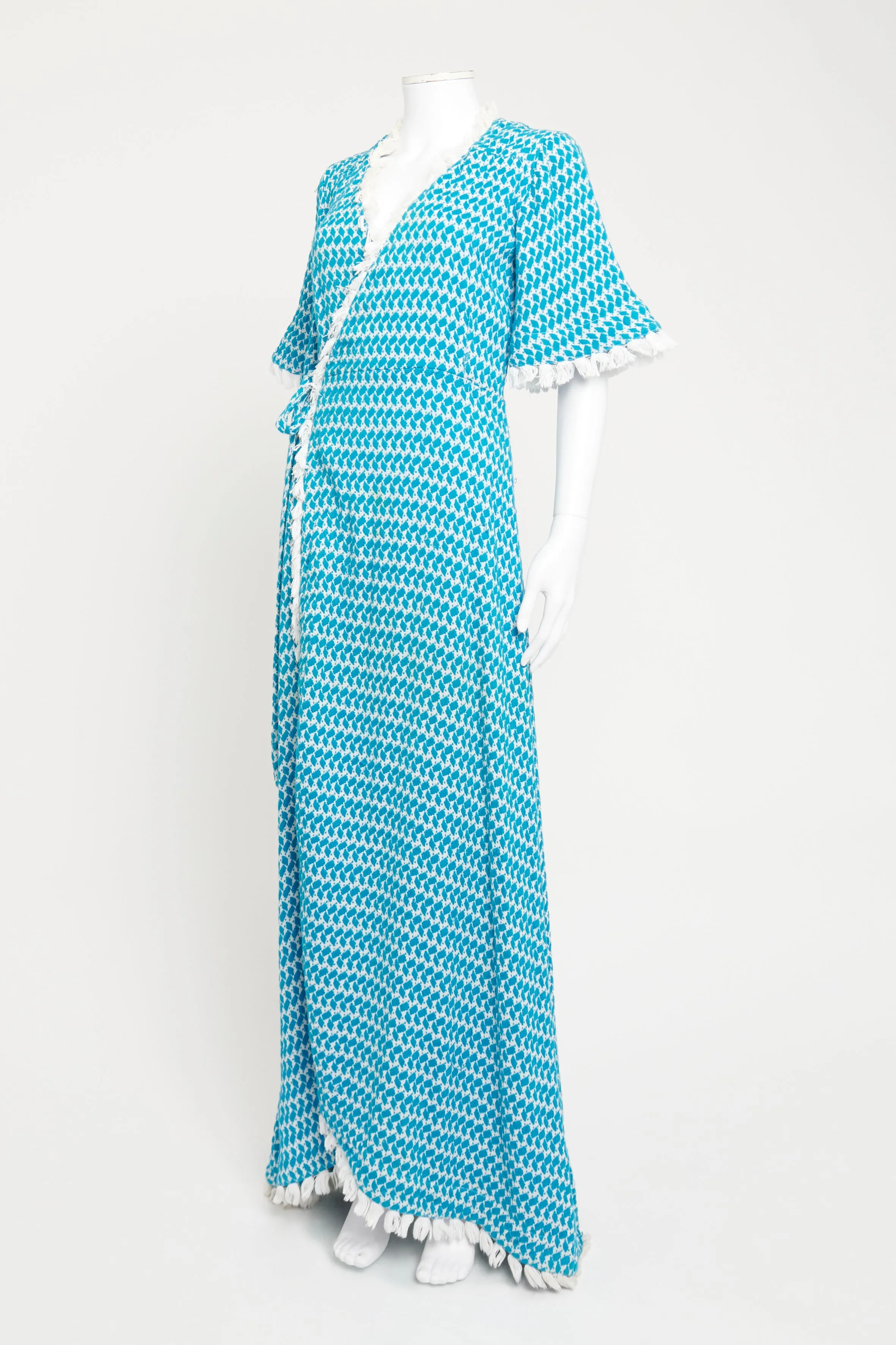 Blue and White Cotton Tassle Preowned Wrap Dress