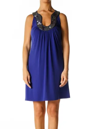 Blue Solid Bohemian Shift Dress