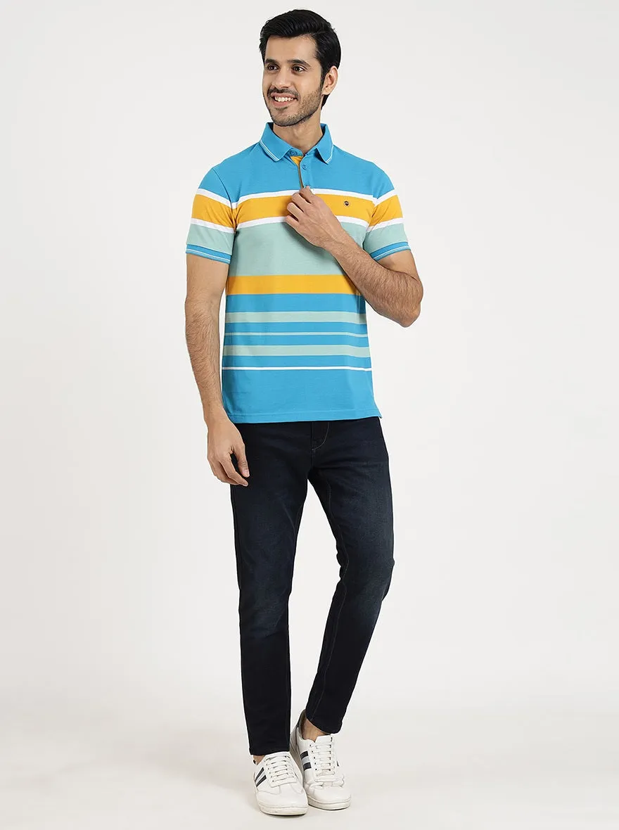 Blue Striped Slim Fit Polo T-Shirt | JadeBlue