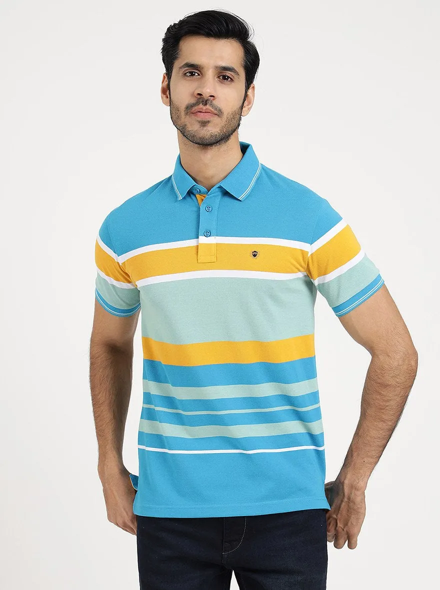 Blue Striped Slim Fit Polo T-Shirt | JadeBlue