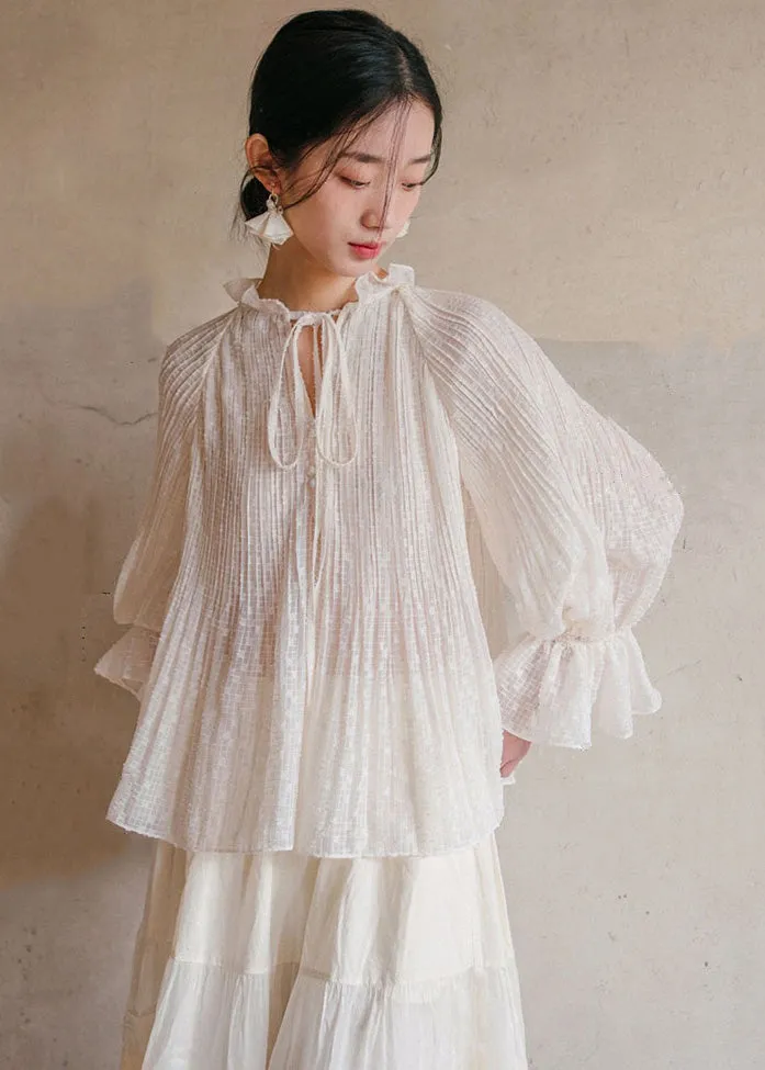 Bohemian White Ruffled Lace Up Cotton Blouses Lantern Sleeve LY7740