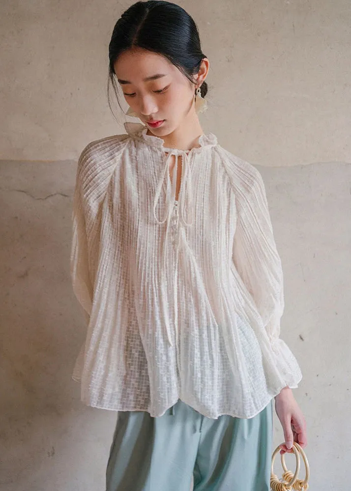 Bohemian White Ruffled Lace Up Cotton Blouses Lantern Sleeve LY7740