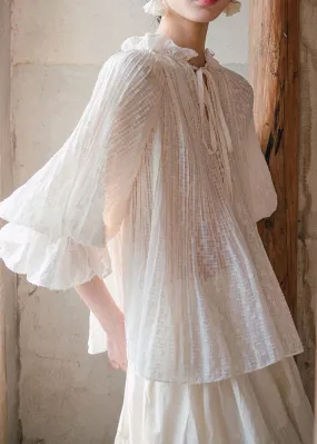 Bohemian White Ruffled Lace Up Cotton Blouses Lantern Sleeve LY7740