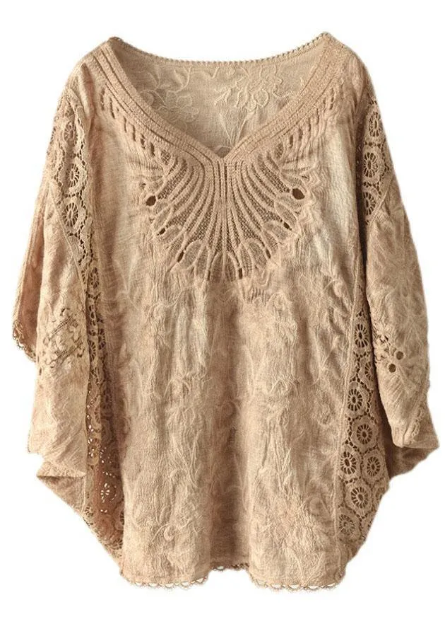 Boho Khaki Cotton V Neck Embroideried Hollow Out Summer Blouses