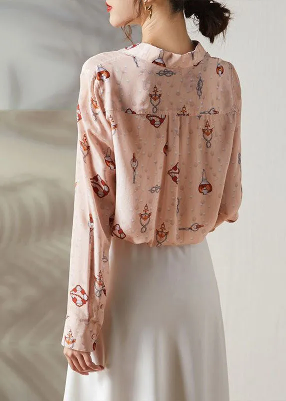 Boho Pink Peter Pan Collar Print Silk Blouses Spring LY0087