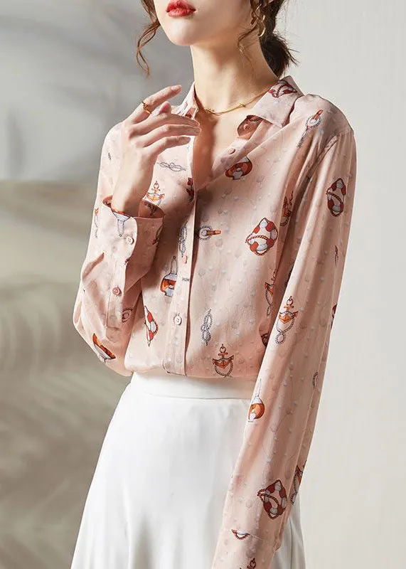 Boho Pink Peter Pan Collar Print Silk Blouses Spring LY0087