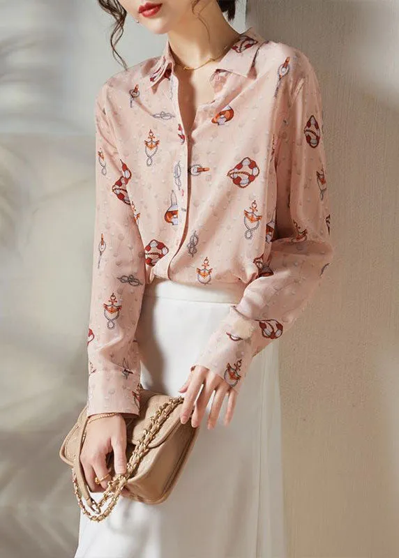 Boho Pink Peter Pan Collar Print Silk Blouses Spring LY0087