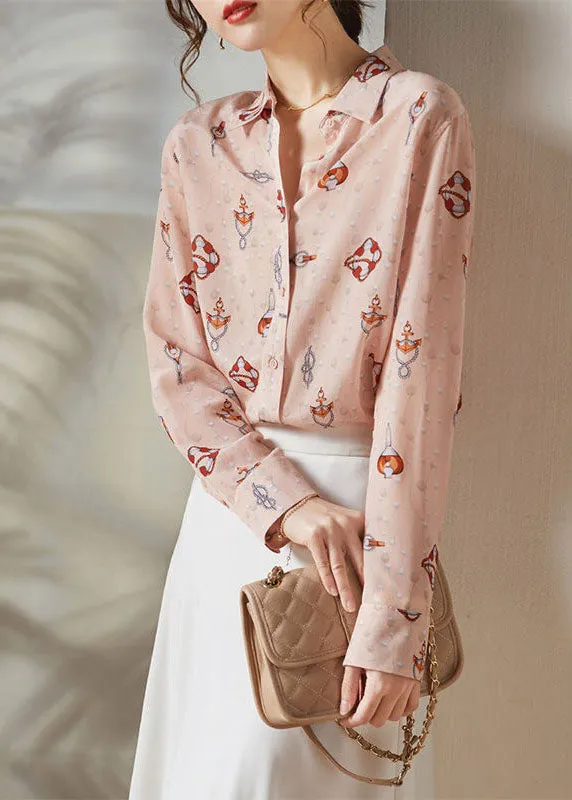 Boho Pink Peter Pan Collar Print Silk Blouses Spring LY0087