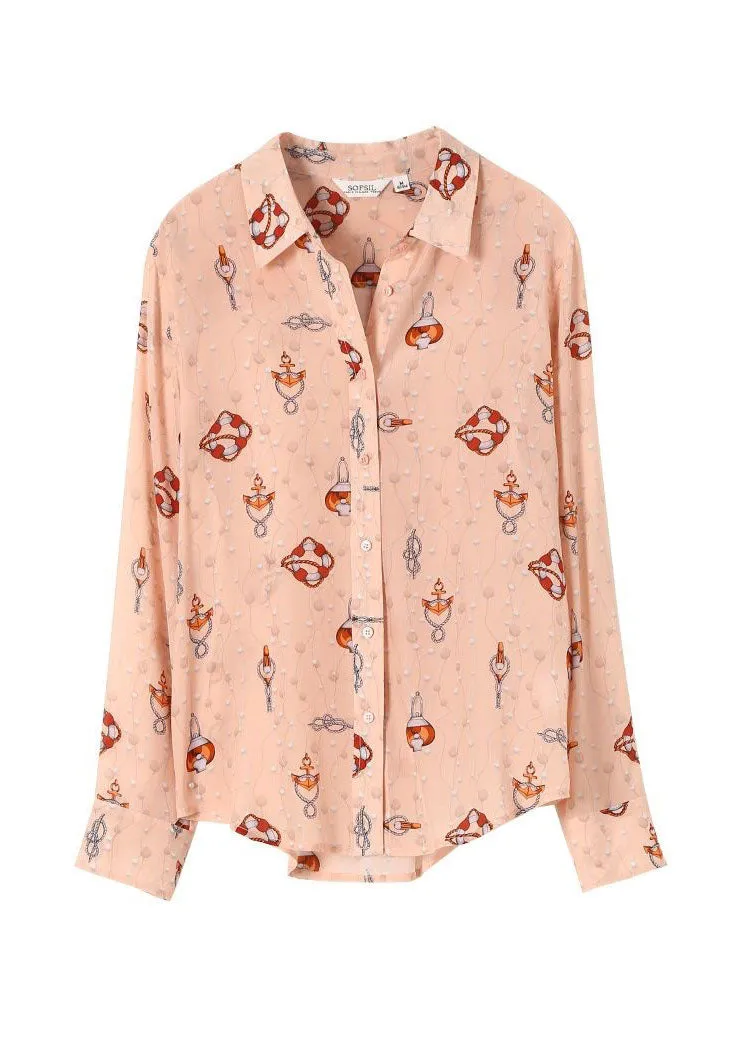 Boho Pink Peter Pan Collar Print Silk Blouses Spring LY0087