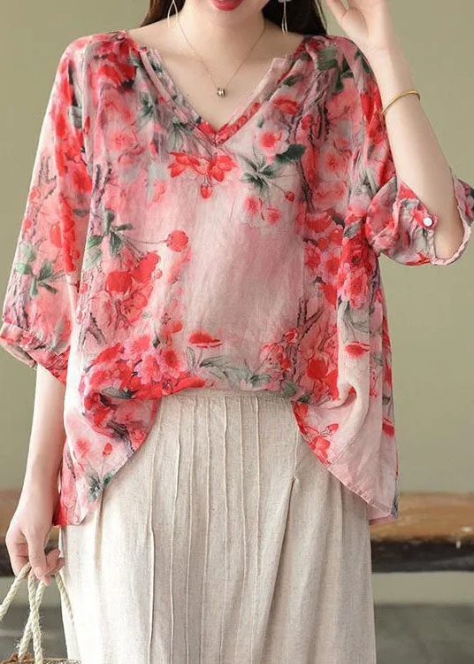 Boutique Pink V Neck Print Loose Fall Half Sleeve Blouses