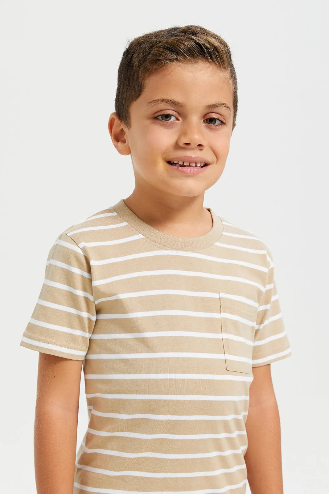 Boys Beige And White Striped T-Shirt