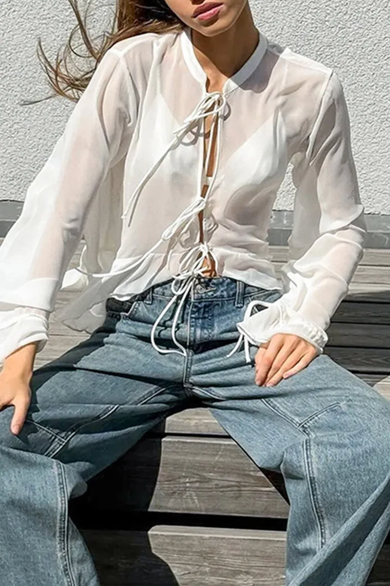 Casual Lace Up See-Through Mandarin Collar Blouses