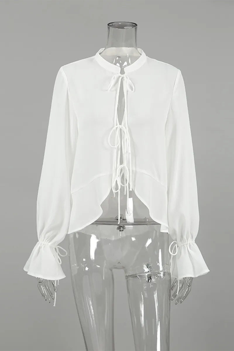 Casual Lace Up See-Through Mandarin Collar Blouses