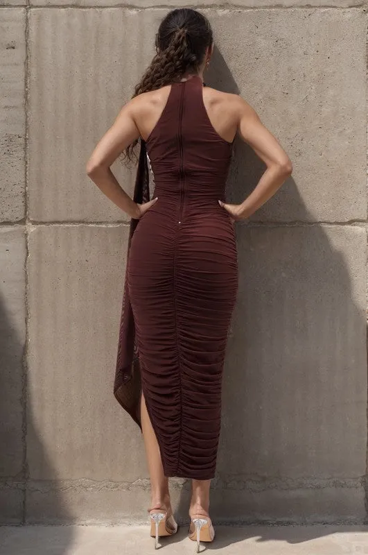 Chocolate Luxe Mesh Asymmetric Back Draped Ruched Midi Dress