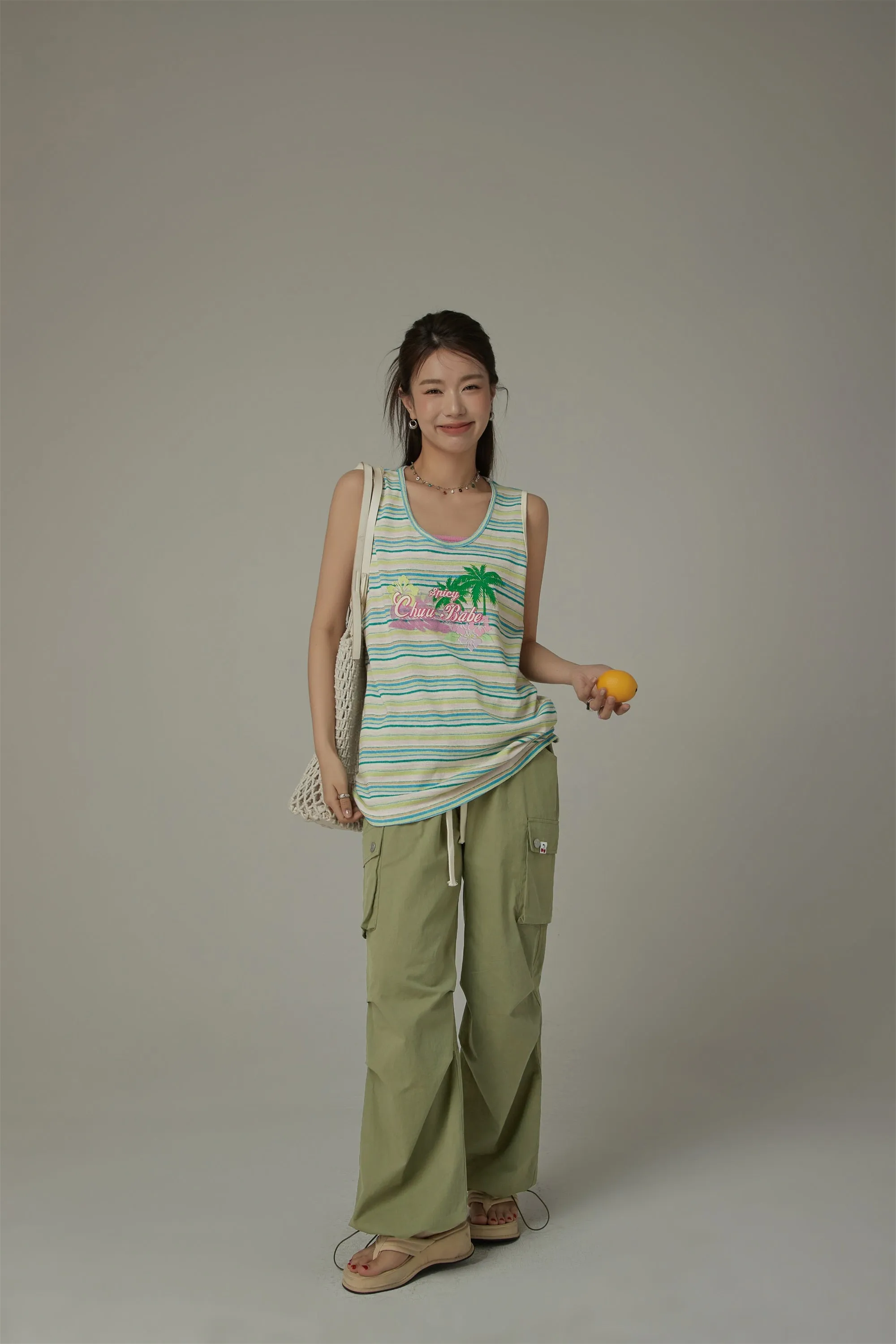 Chuu Baby Printed Design Striped Sleeveless Oversized T-Shirt