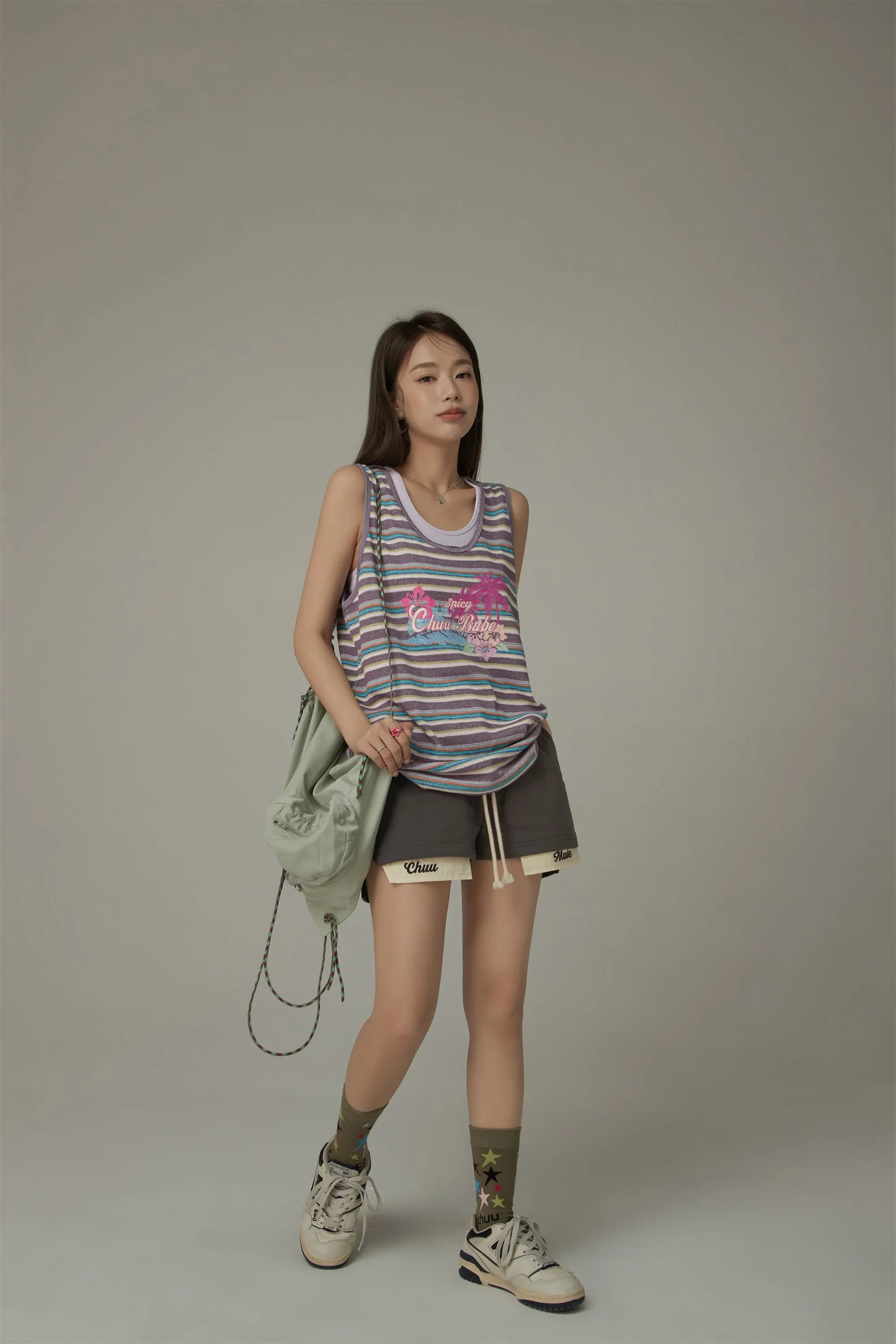 Chuu Baby Printed Design Striped Sleeveless Oversized T-Shirt