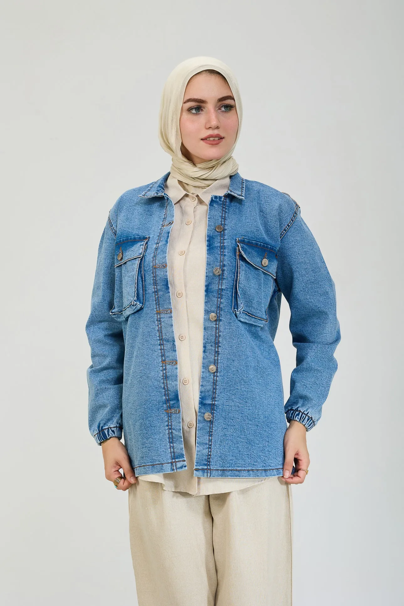 Classic Denim Jean Maxi Jacket with Pocket Detailing