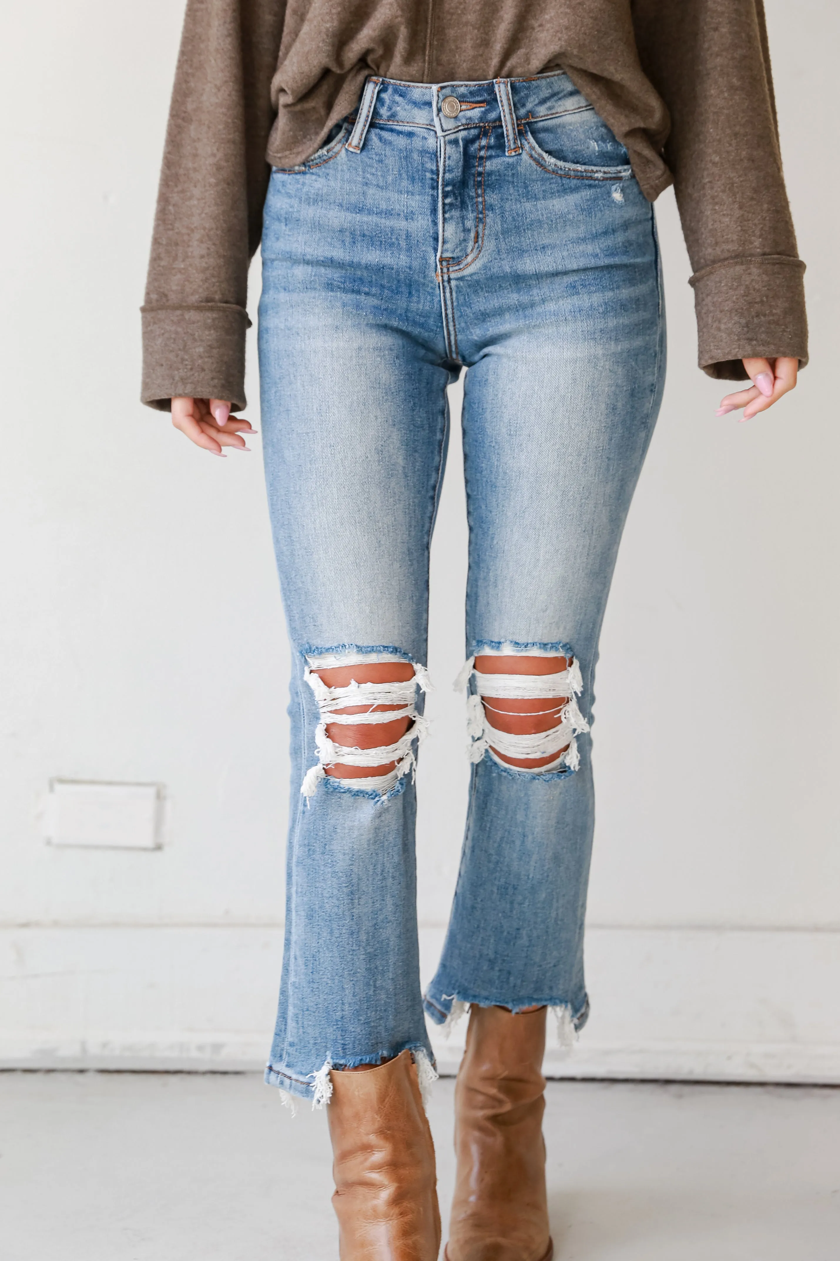 Courtney Light Wash Distressed Kick Flare Jeans