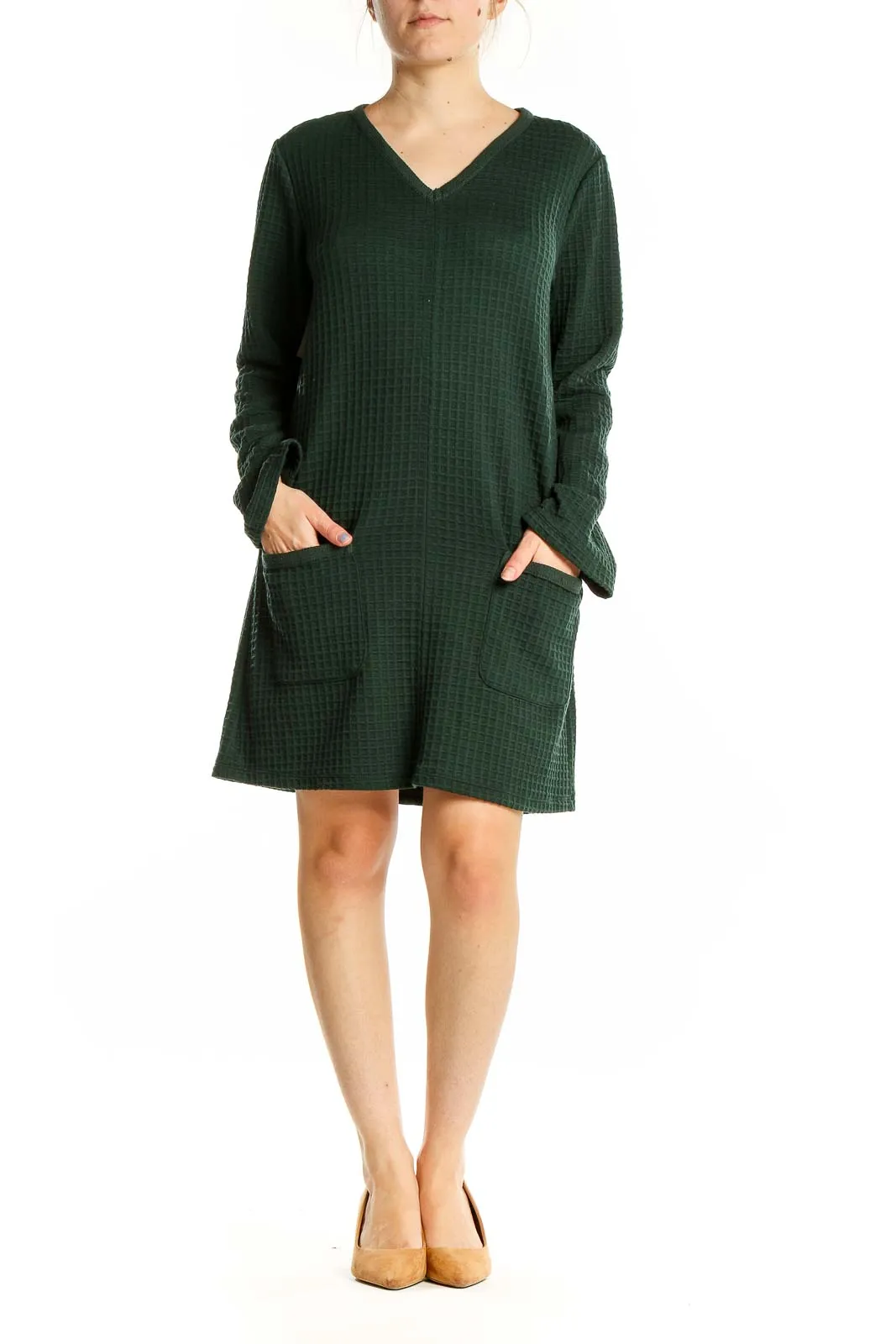 Forest Green Textured V-Neck Shift Dress