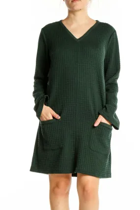 Forest Green Textured V-Neck Shift Dress