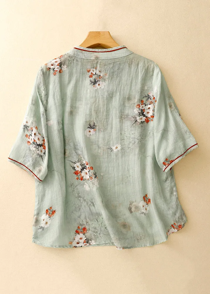 French Green Stand Collar Print Linen Blouses Half Sleeve JH067