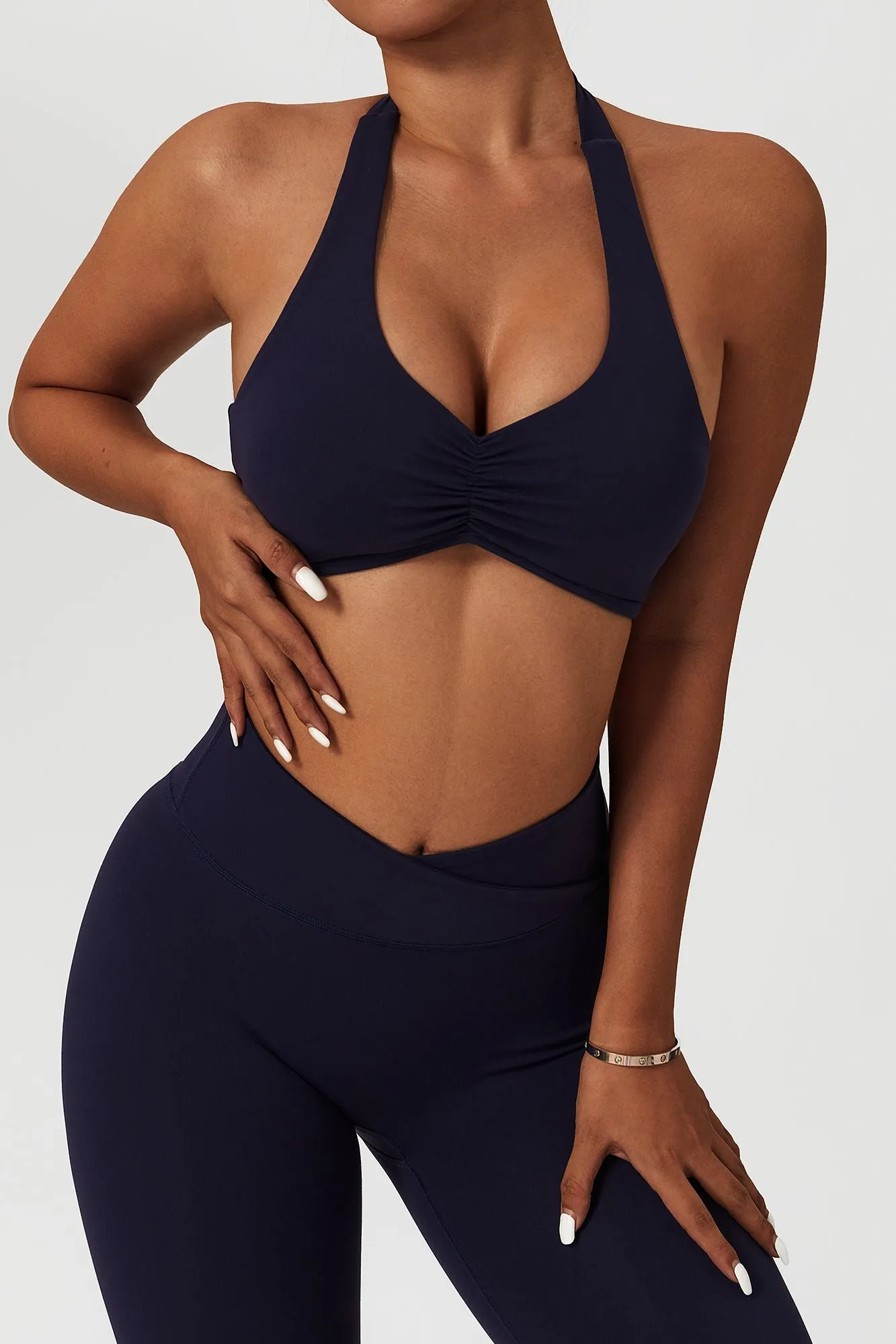 Front Ruched Halter Backless Sports Bra