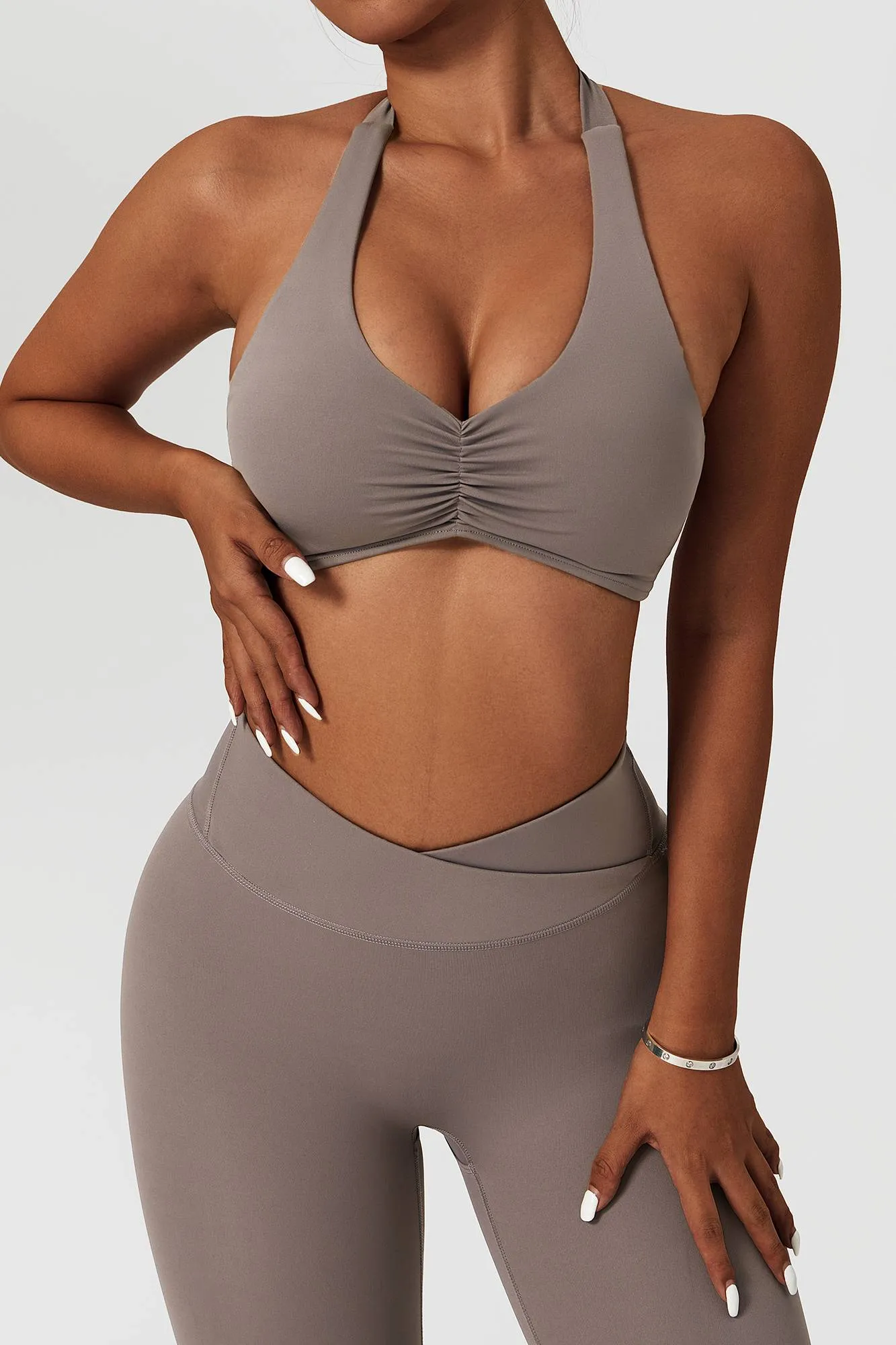 Front Ruched Halter Backless Sports Bra