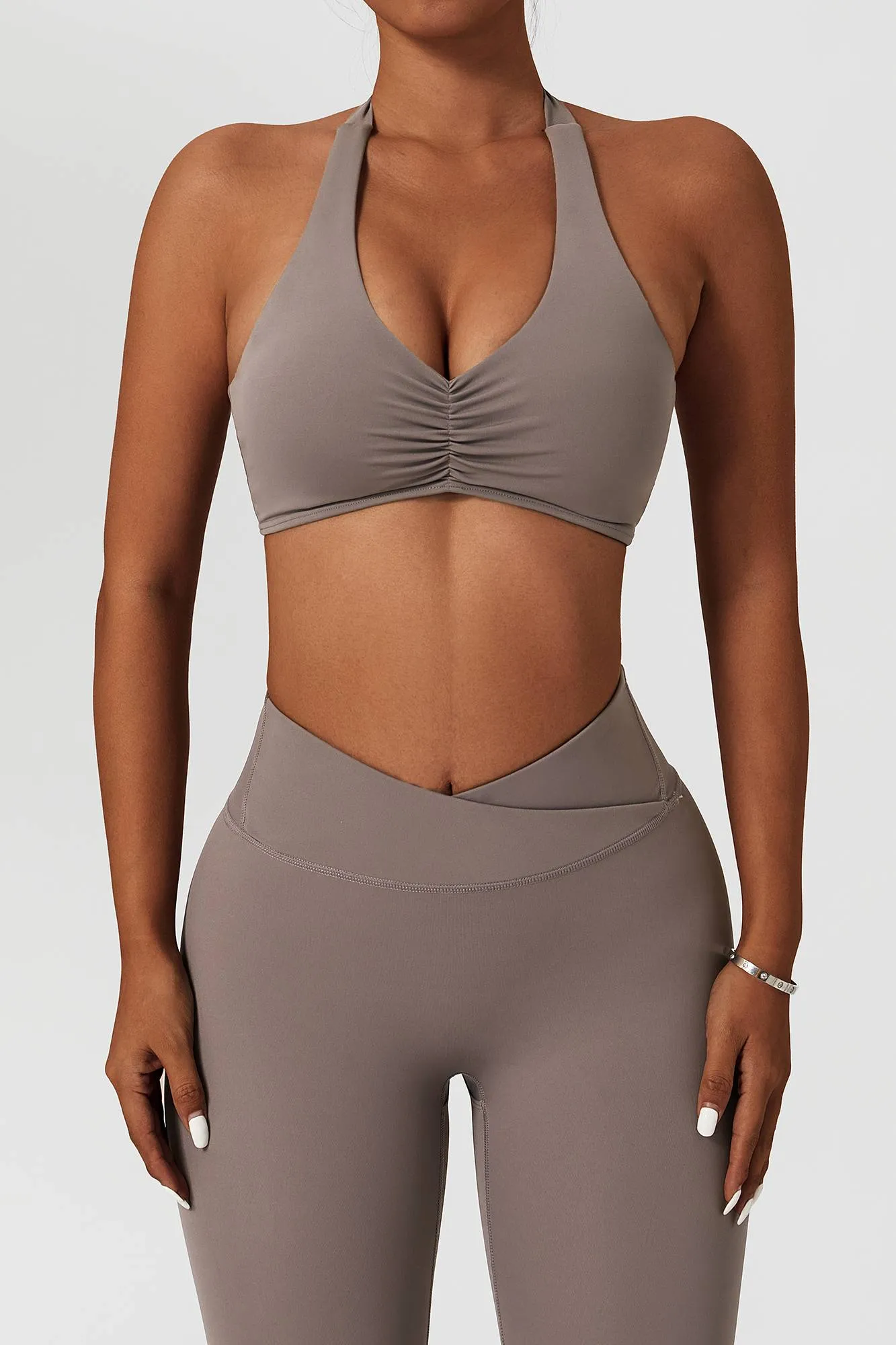 Front Ruched Halter Backless Sports Bra