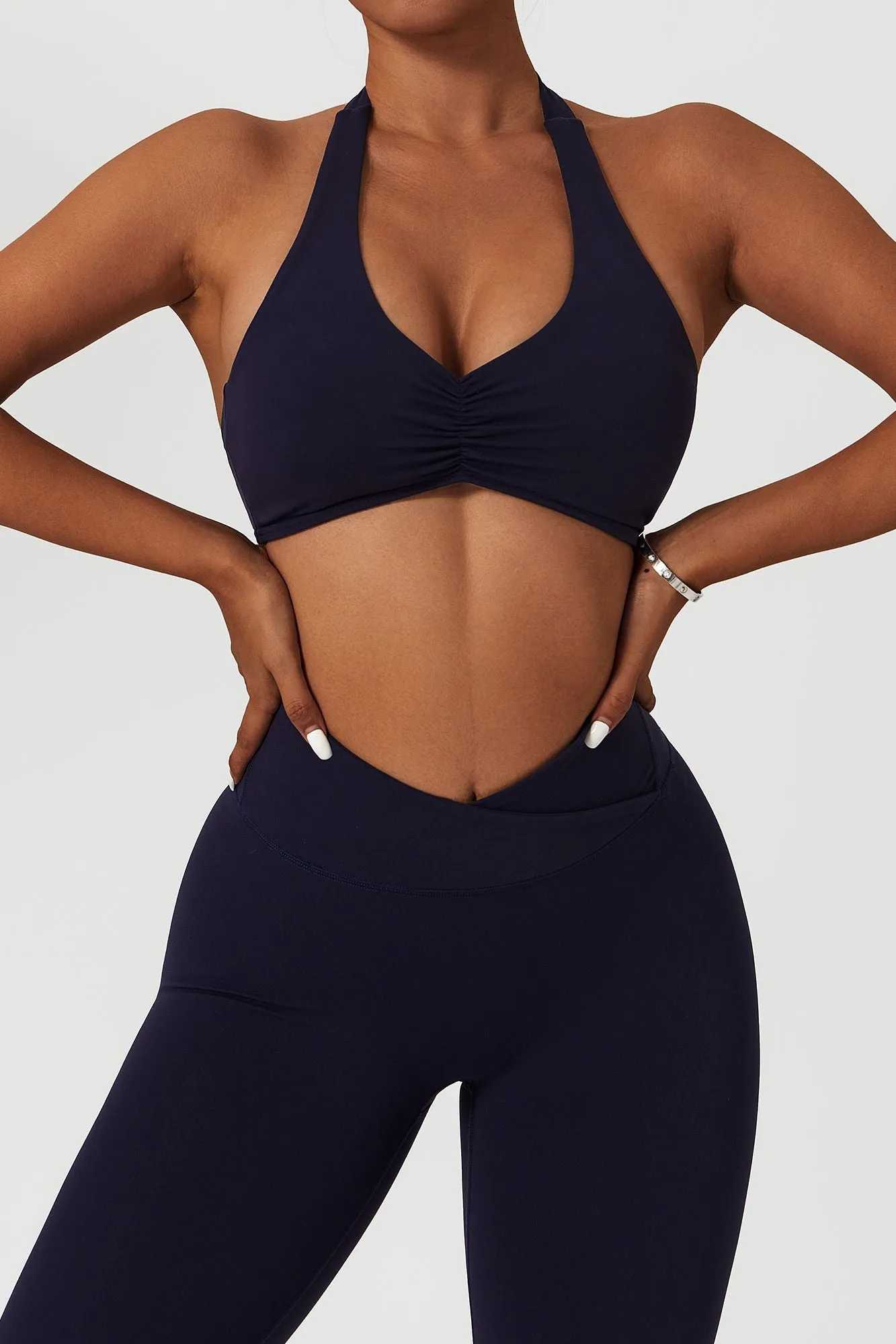 Front Ruched Halter Backless Sports Bra