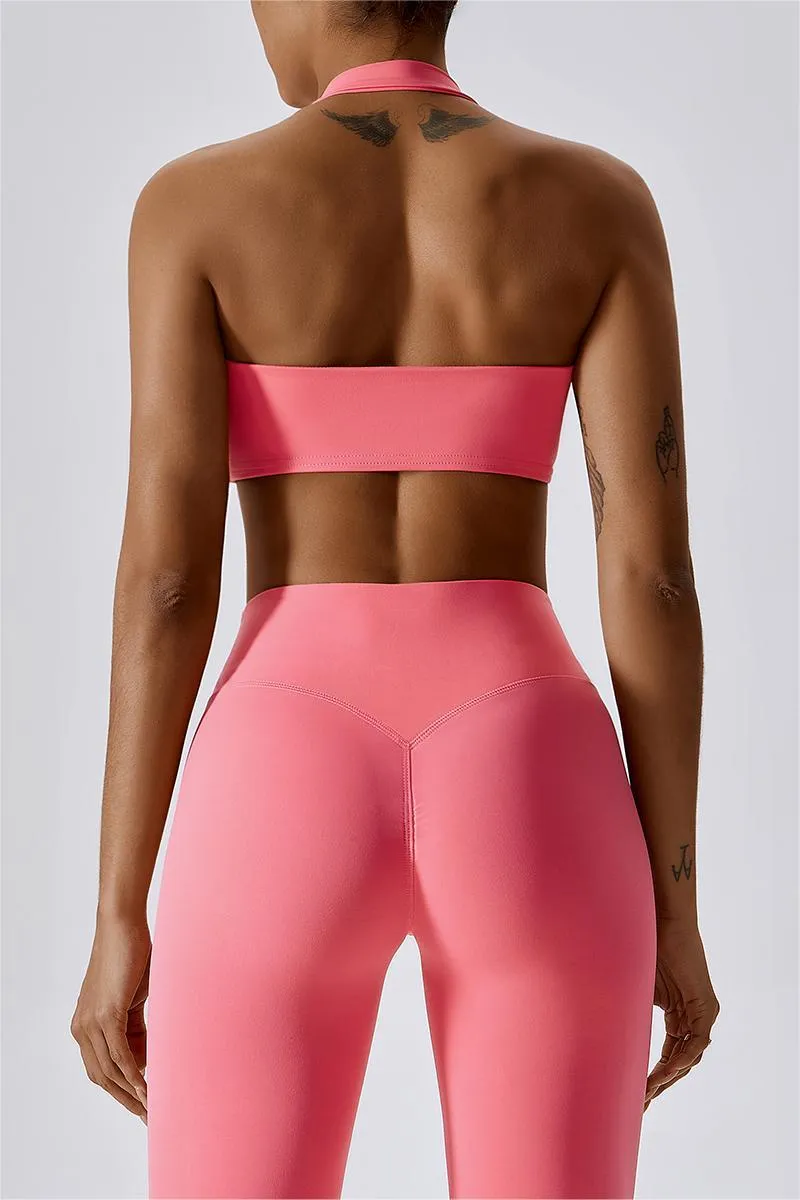 Front Ruched Halter Backless Sports Bra