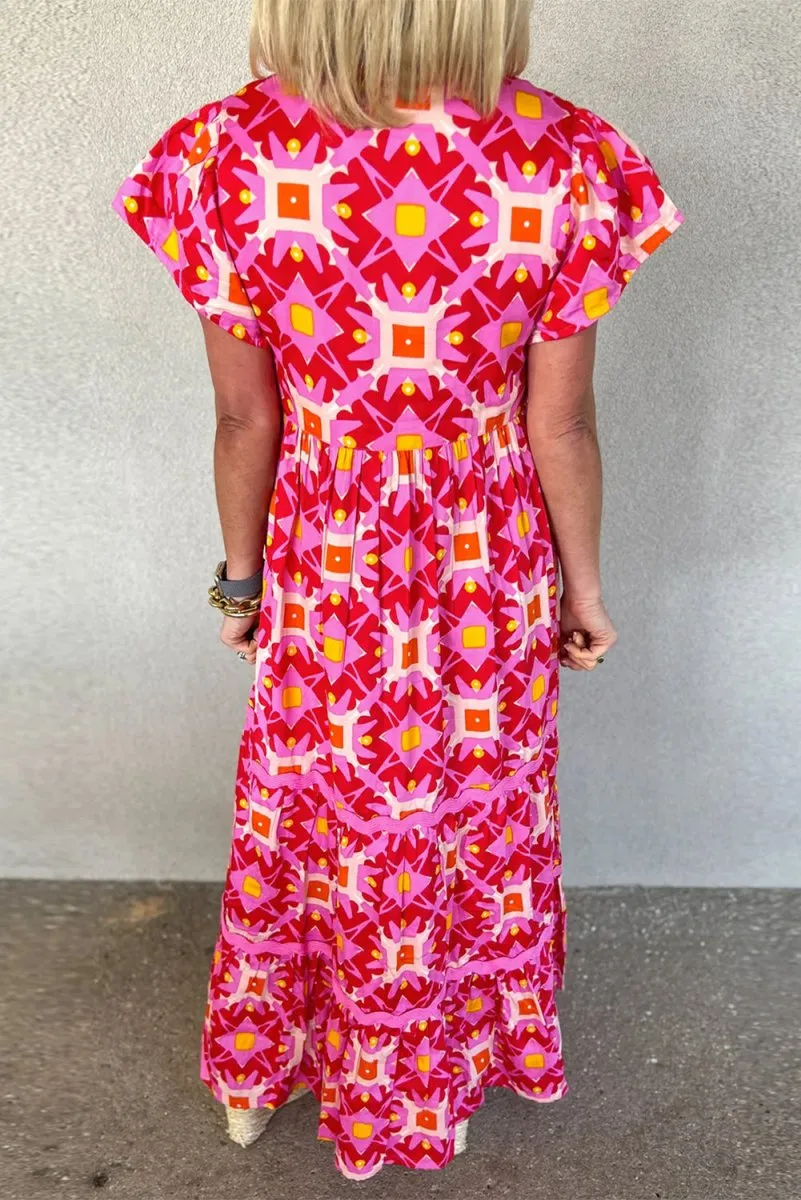 Geometric Strawberry Pink Maxi Dress