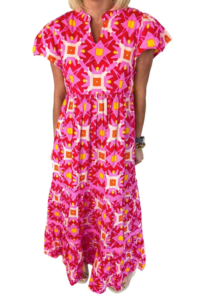 Geometric Strawberry Pink Maxi Dress