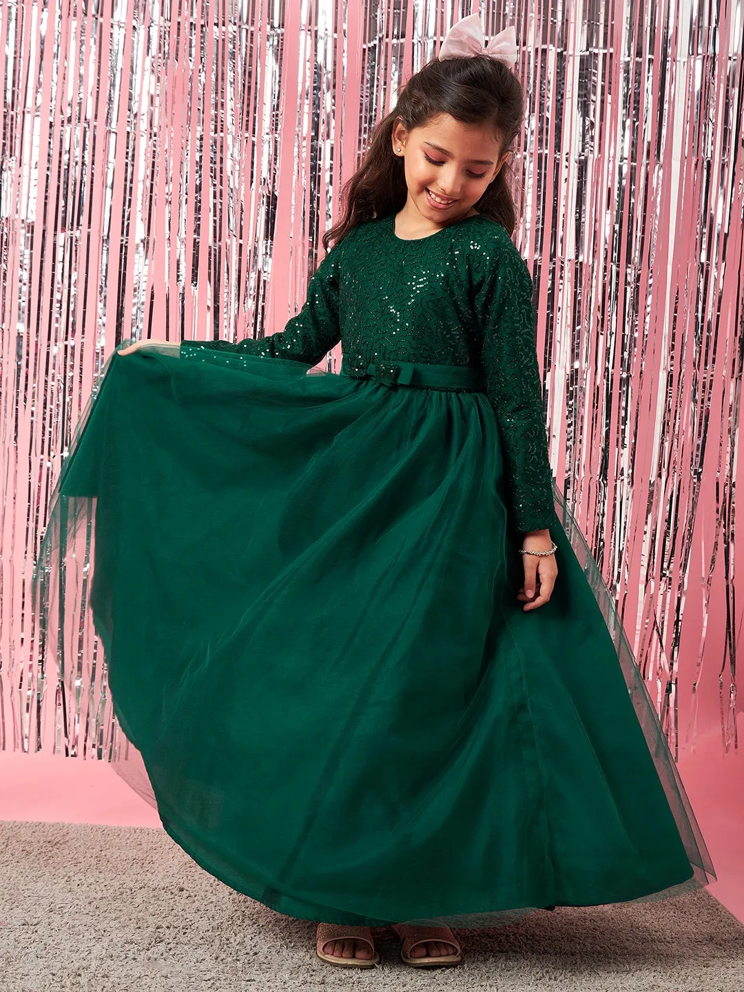 Girls Embellished Sequinned Fit Flare Lace Maxi Dress - Ps Peaches