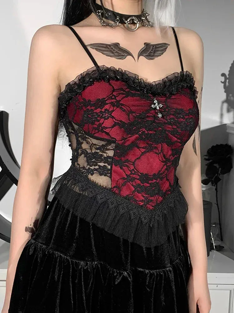 Gothic See Vintage Aesthetic Zipper Patchwork Crop Lace Y2K Backless Through Top