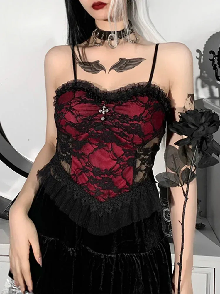 Gothic See Vintage Aesthetic Zipper Patchwork Crop Lace Y2K Backless Through Top