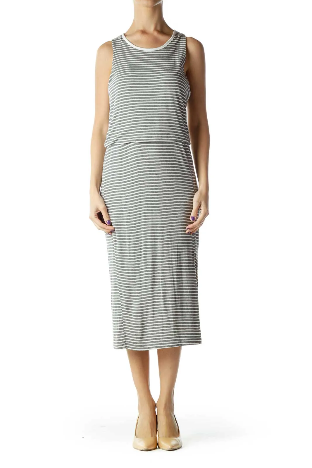 Gray Cream Stripe Jersey Dress