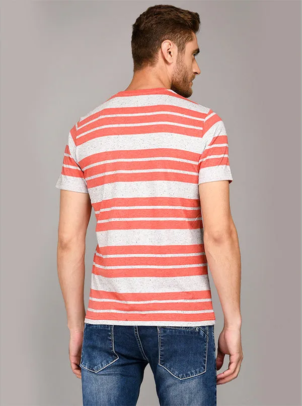 Greenfibre Carrot Red & Grey Striped Slim Fit Round Neck T-Shirt