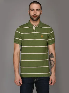 Greenfibre Olive Green Striped Slim Fit Polo T-Shirt