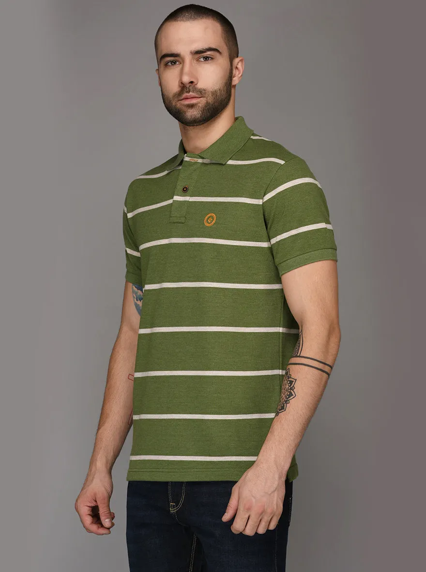 Greenfibre Olive Green Striped Slim Fit Polo T-Shirt