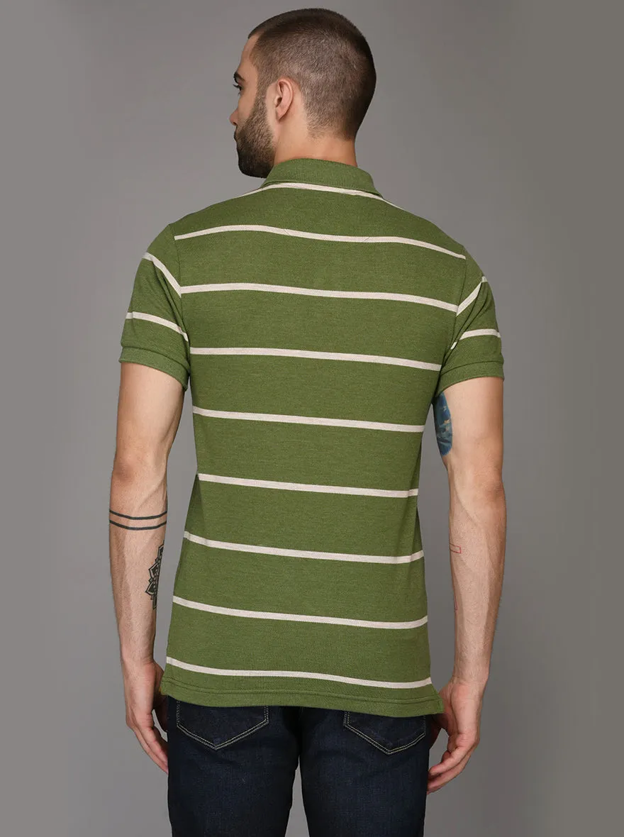 Greenfibre Olive Green Striped Slim Fit Polo T-Shirt