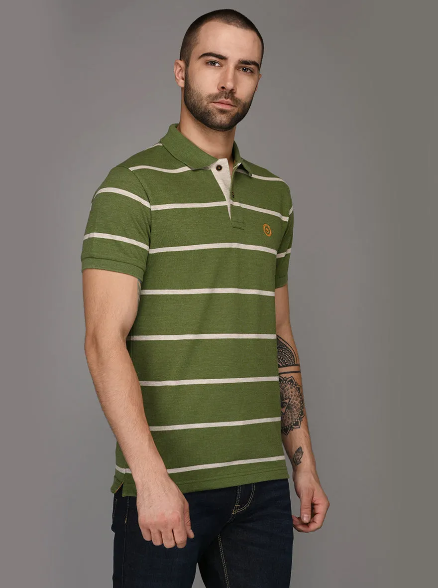 Greenfibre Olive Green Striped Slim Fit Polo T-Shirt