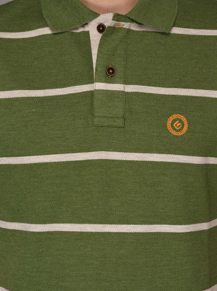 Greenfibre Olive Green Striped Slim Fit Polo T-Shirt